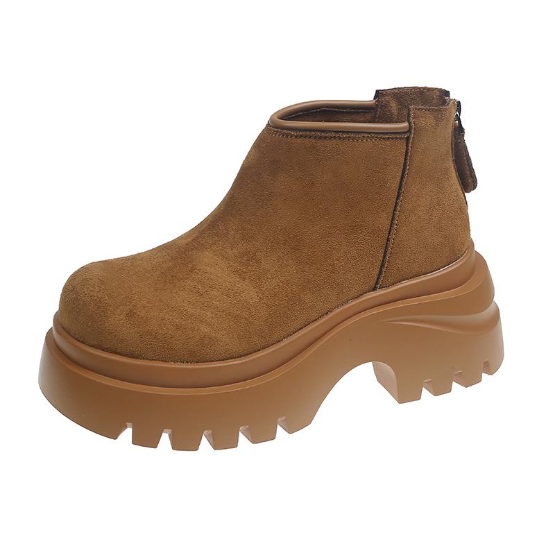 Platform Block Heel Single Boots Autumn New Round Toe Suede Rear Zipper Anti-Slip Wear-Resistant Short-Thigh Boots