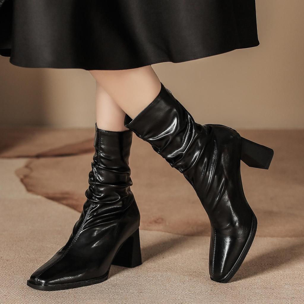 Pleated Retro French Ankle Boots with Velvet Lining, Mid-Calf Height, Back Zipper, and Slim Square Toe for Women.