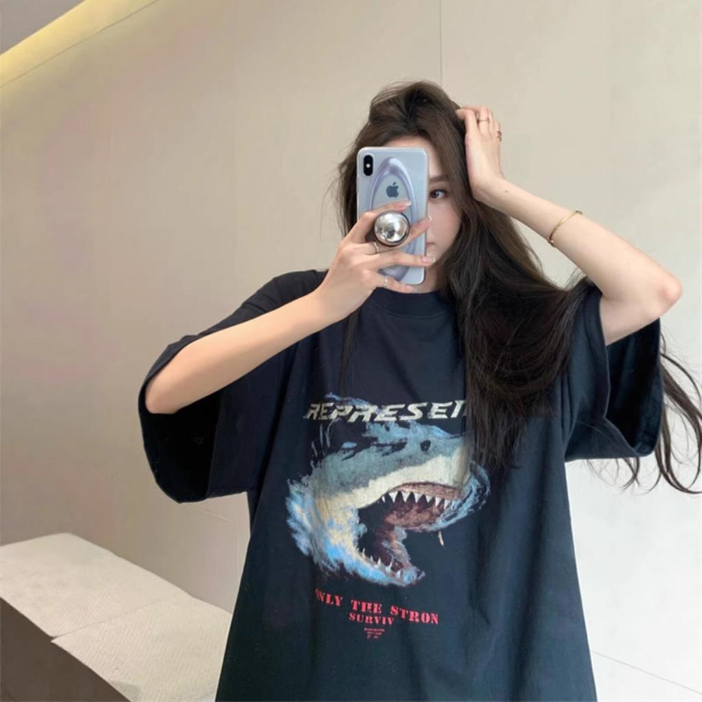 American retro Hong Kong flavor shark pure cotton short-sleeved T-shirt women's summer large size catties half-sleeved loose top tide