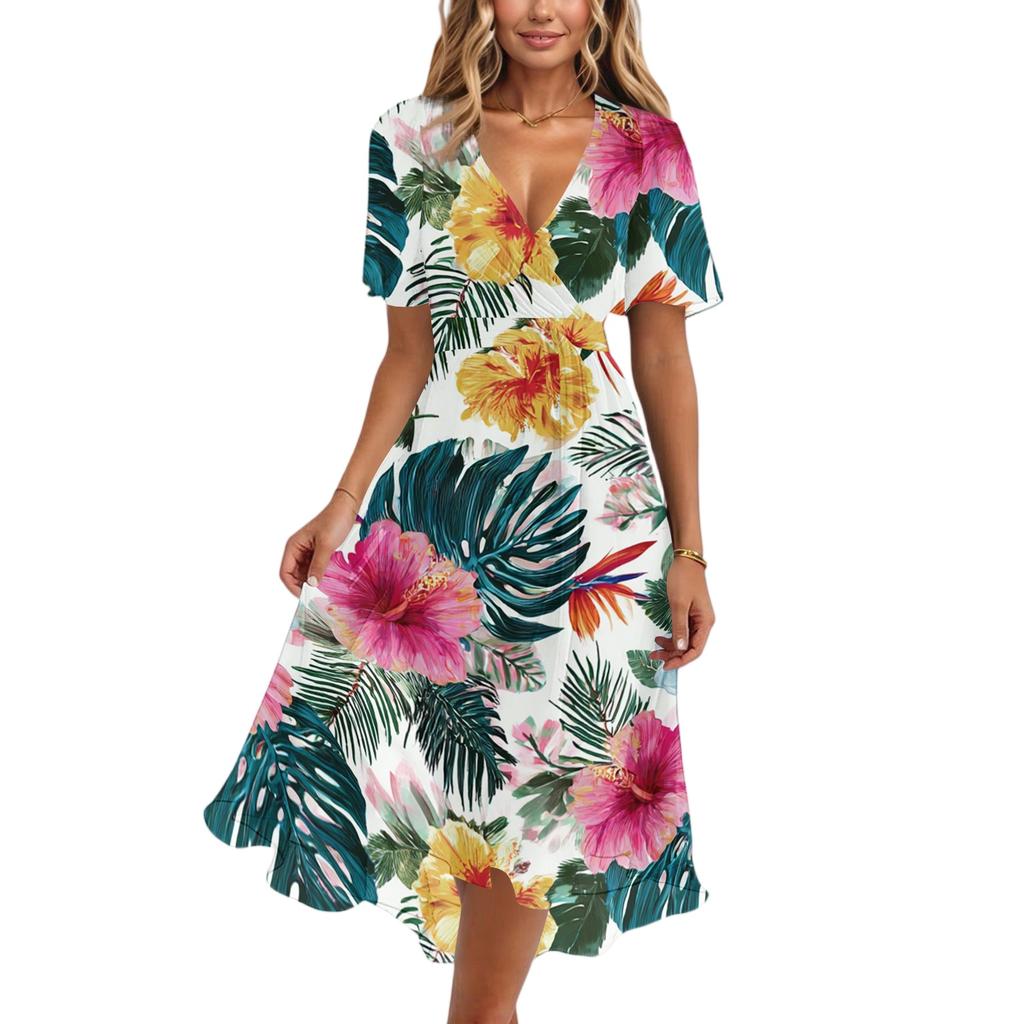 Women's Casual V Neck Short Sleeve Hawaiian Print Dress Midi Length Lightweight Comfortable Summer Beach Dress