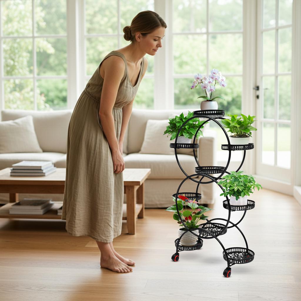 6-Tier Metal Plant Stand Black, 9 Flower Pots Creative Flower Bed Garden Decoration Holder Rack Trays Large Diameter for Garden