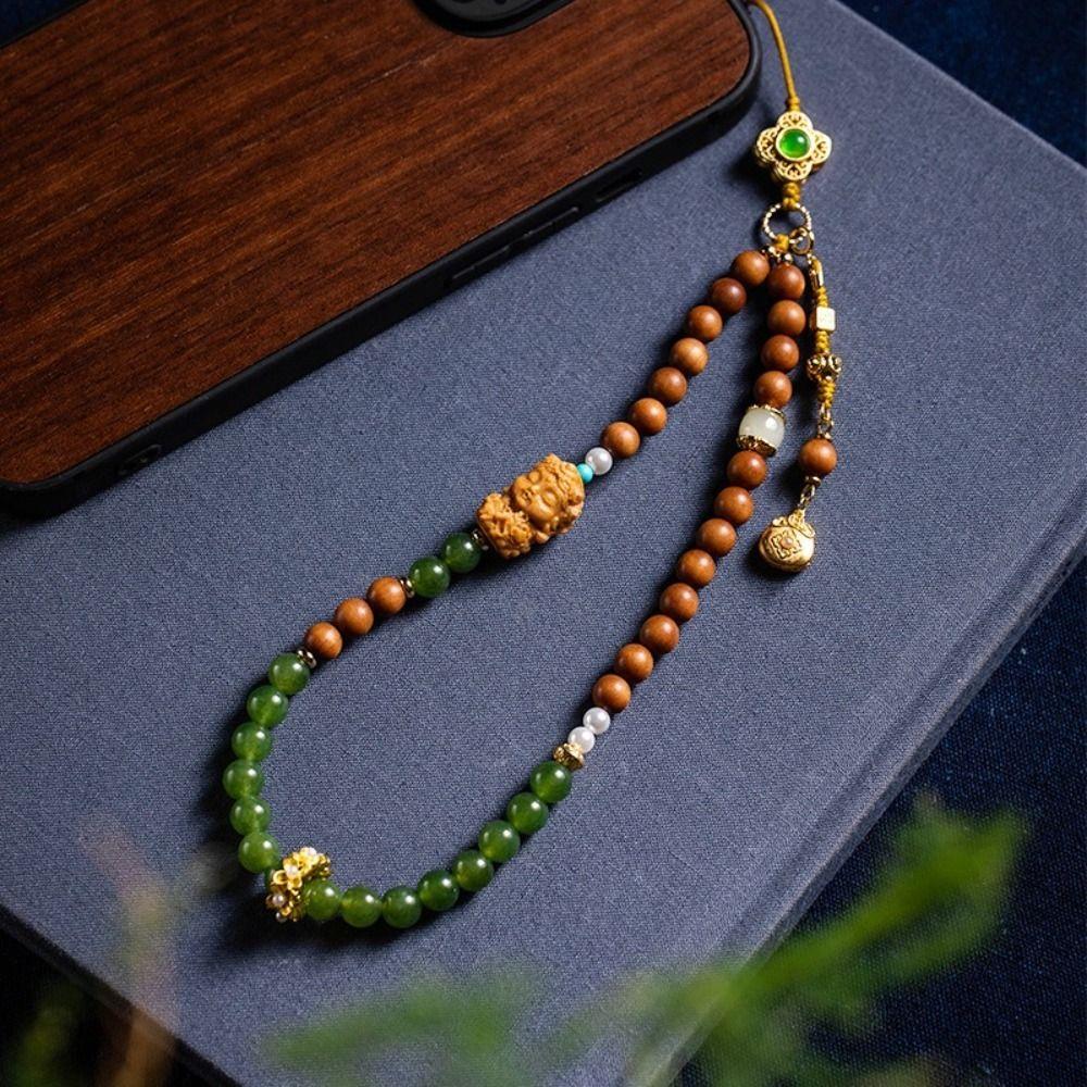 Short Mobile Phone Chain Chinese Style Antique Green Wrist Rope Pendant For Men