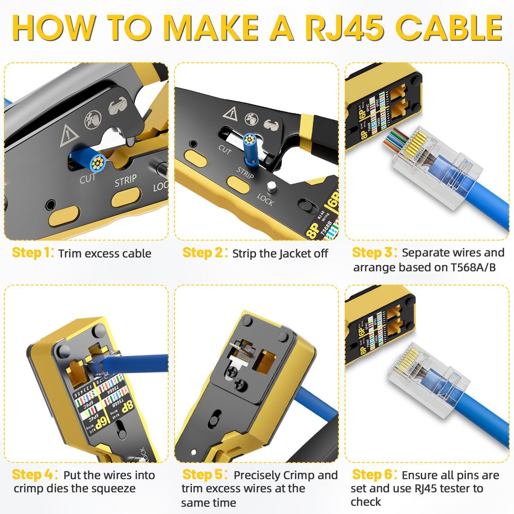 RJ45 Crimp Tool Pass Through Ethernet Crimping Tool for Cat6 Cat5 Cat5e RJ45 Connectors