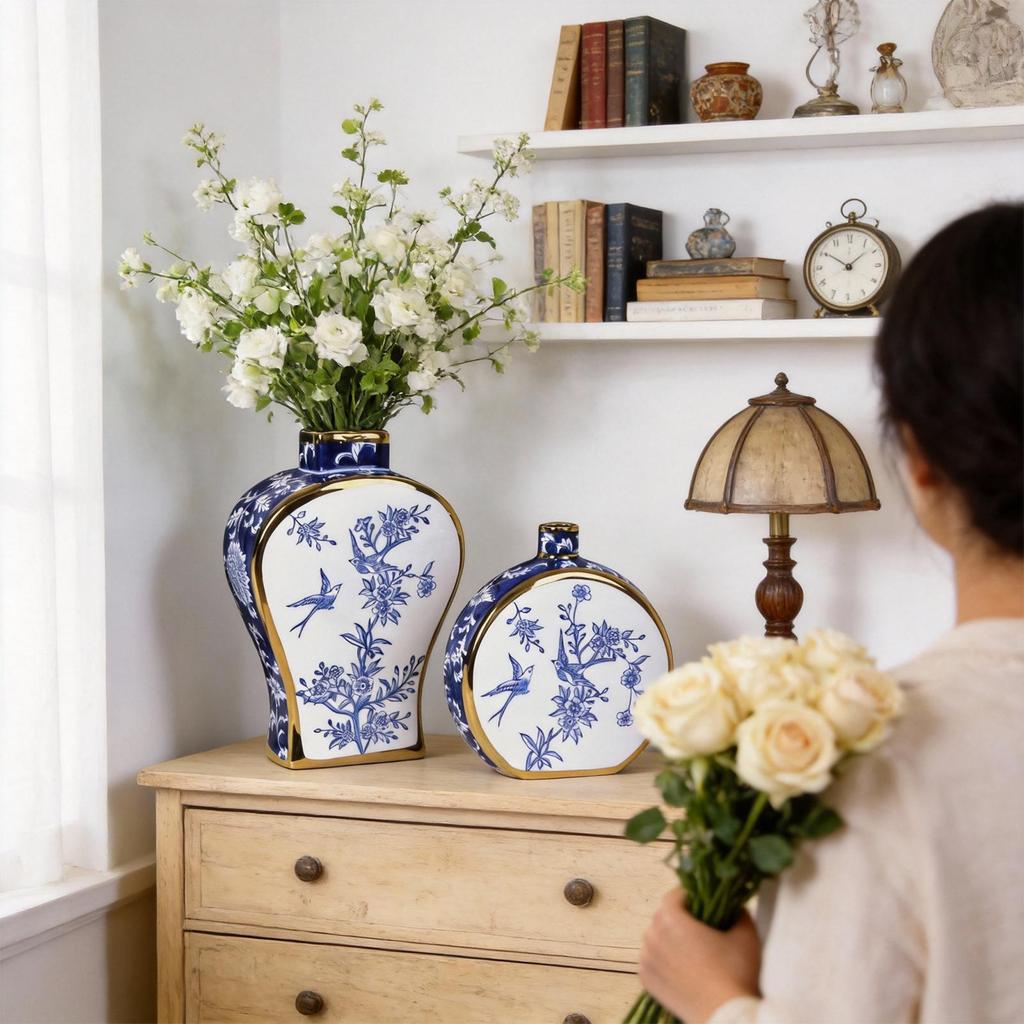 Gilded Blue and White Porcelain Flower Vase - Home Decor Ornament