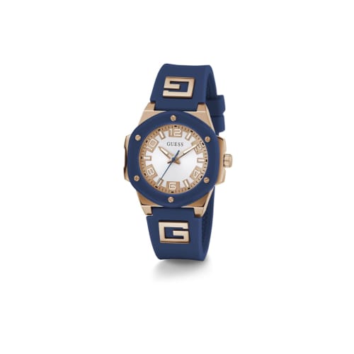 Guess Watches Women's 38mm Analog Stainless Steel Watch with Blue Silicone Strap, Officially Imported