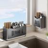 White Drill-Free Wall-Mounted Kitchen Organizer with Double Knife & Chopstick Holders