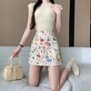 Elegant Floral Retro Short Skirt Women Spring Summer High Waisted Create Slim Effect A-line