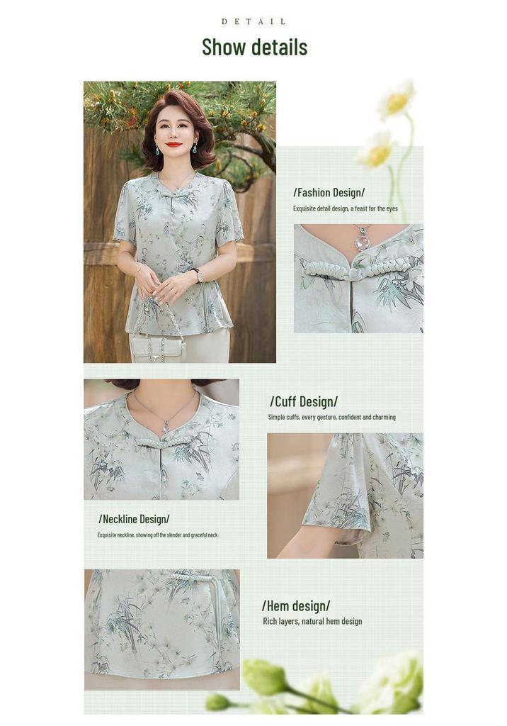 Elegant Chinese Style Summer Fashion Set: Short Sleeve Top & T-shirt for Middle-aged and Elderly Women