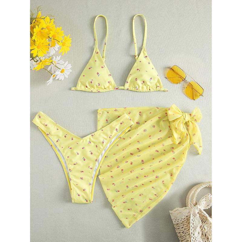 

Комплект бикини женский сексуальный купальник с цветочным принтом из трех предметов женский купальный костюм для купания с открытой спиной новая мода отпуск пляжная одежда XL жёлтый