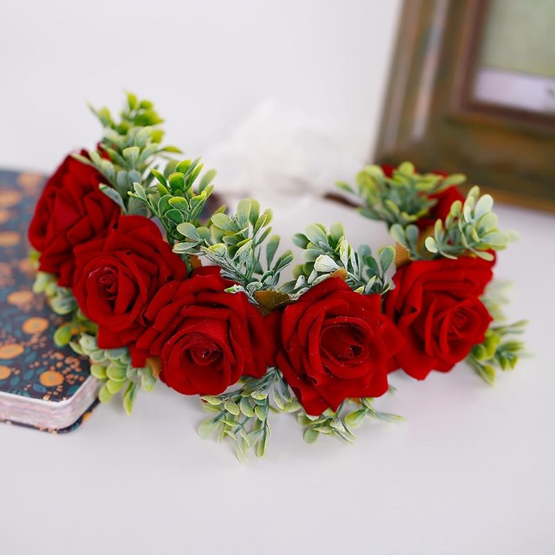Adjustable Floral Garland Handmade Rose Flower Wreath Headband with Ribbon for Wedding Festival Travelling Photo Props