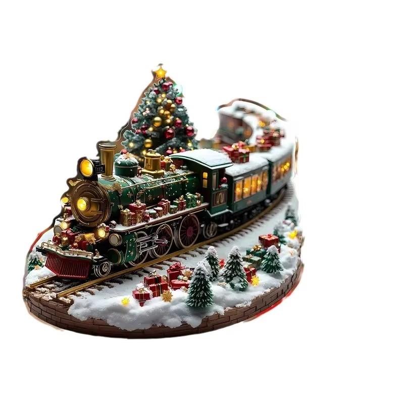 Set di case uniche del villaggio di Natale, figurine rotanti con display del treno, decorazione musicale illuminata a LED, decorazione natalizia a batteria