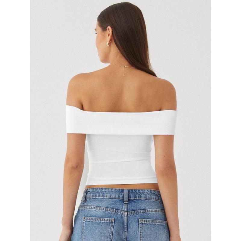 YYFS Women's Fashion Casual Summer Spring Solid Color Print Short Sleeve One Shoulder Blouses & Shirts
