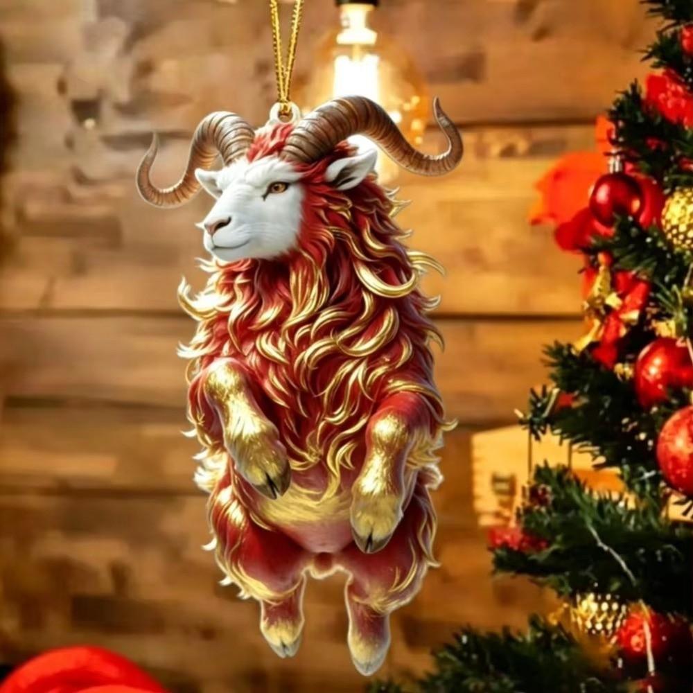 2D Flat Christmas Hanging Pendant New Year Acrylic Xmas Tree Hanging Ornament Red Gold Chinese Zodiac Goat