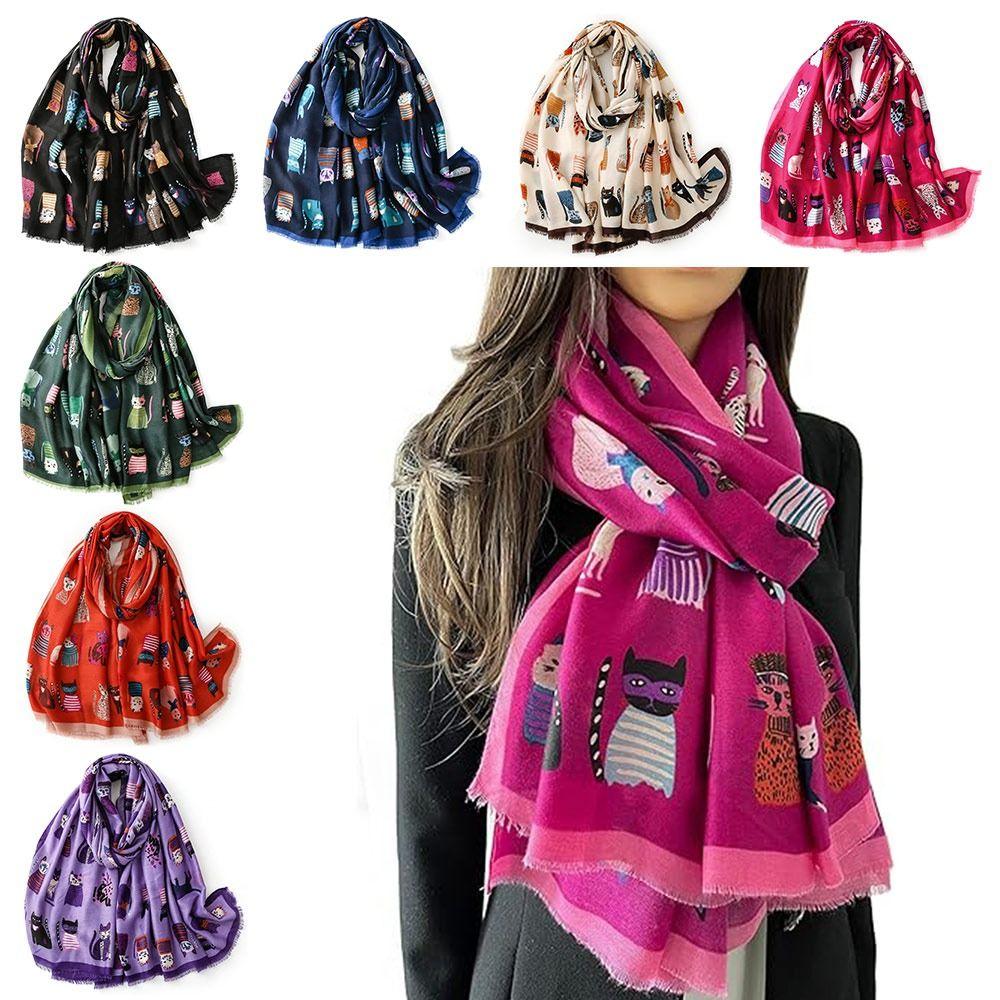 

Женский шарф из полиэфирного волокна с принтом кота, шарф с мультяшным котом, креативный зимний шарф для женщин