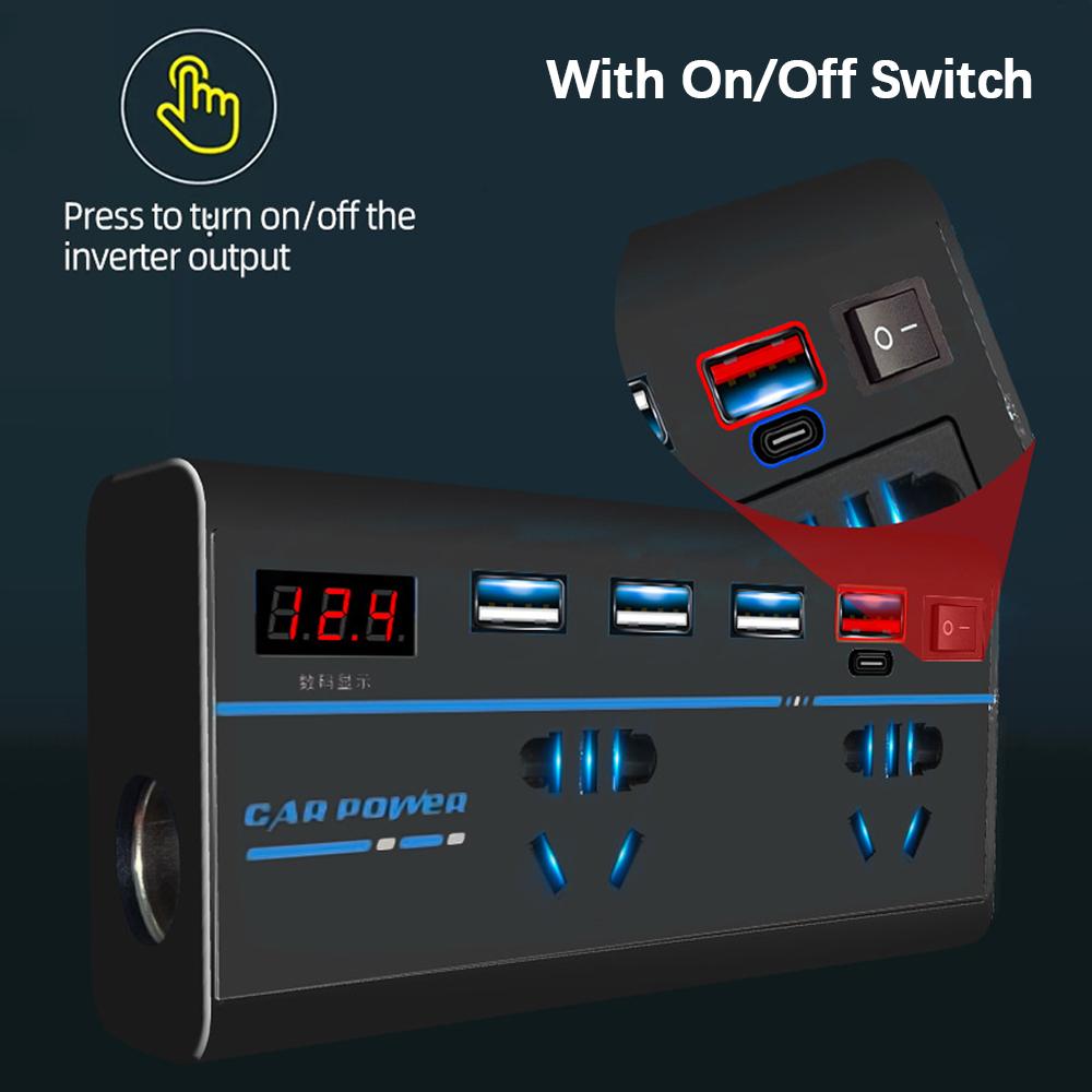 Outlets EU/US Plug DC 12V/24V to AC 110V/220V Converter ON/OFF Switch 200W 8 Ports Sockets QC 3.0 USB/PD/Type-C Chargers Car Inverter Power Adapter