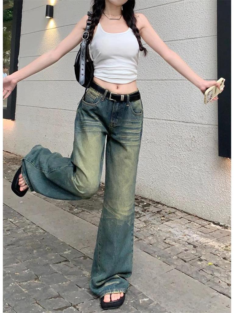 Plus Size Retro Distressed Low Waist Straight Jeans for Women - Autumn Loose Fit Wide Leg Trousers