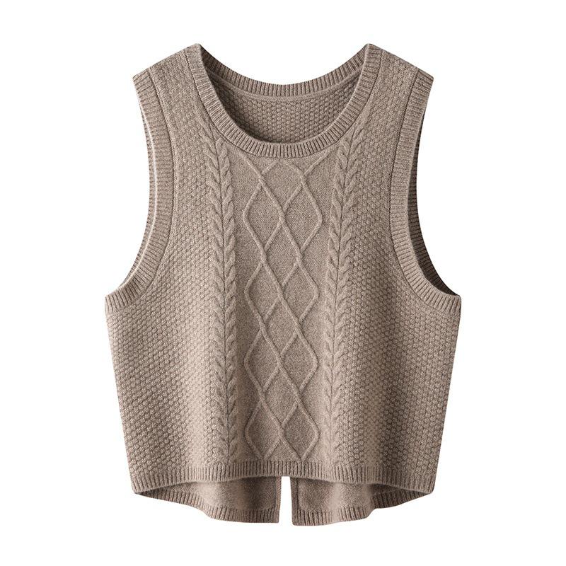 2023 Round Neck Wool Chunky Knit Sleeveless Cropped Cardigan Vest