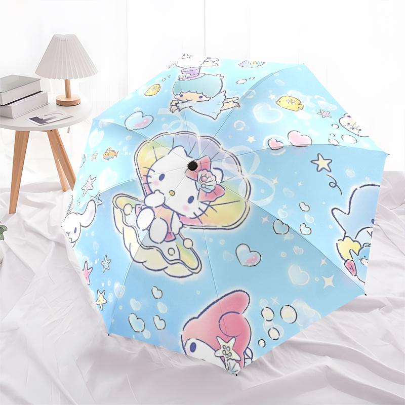 1pc Hello Kitty & Little Twin Stars Automatic Opening/Closing Umbrella - Portable Three-Fold Design with 8-Bone Iron Frame, Outdoor, Perfect Gift for