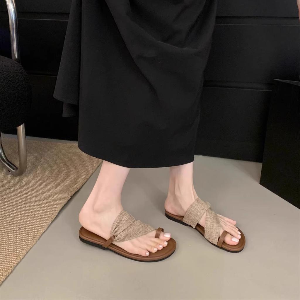 Sommer Leinen Hausschuhe Damen neue Zehenbedeckung lässige Sandalen Strandschuhe Badeurlaub weiche flache Römerschuhe
