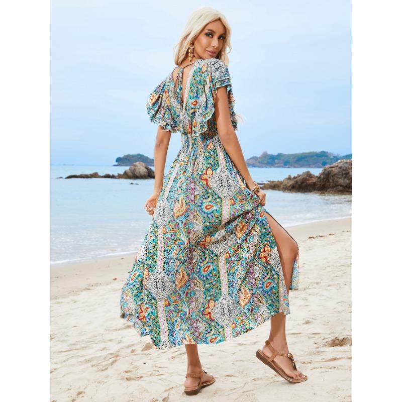 Rochie de vară de damă, cu decolteu în V, fără spate, cu volane, cu mâneci scurte, despicate, rochii de vacanță boeme