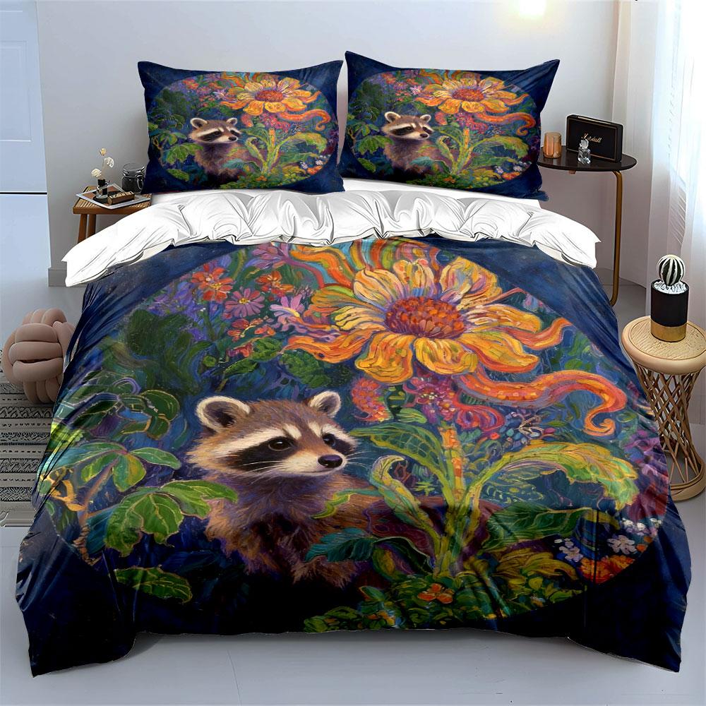 Raccoon Floral Art Decor Soft Comfortable Duvet Cover Bedding Set Included 1*Duvet Cover & 2*Pillowcases, Gift