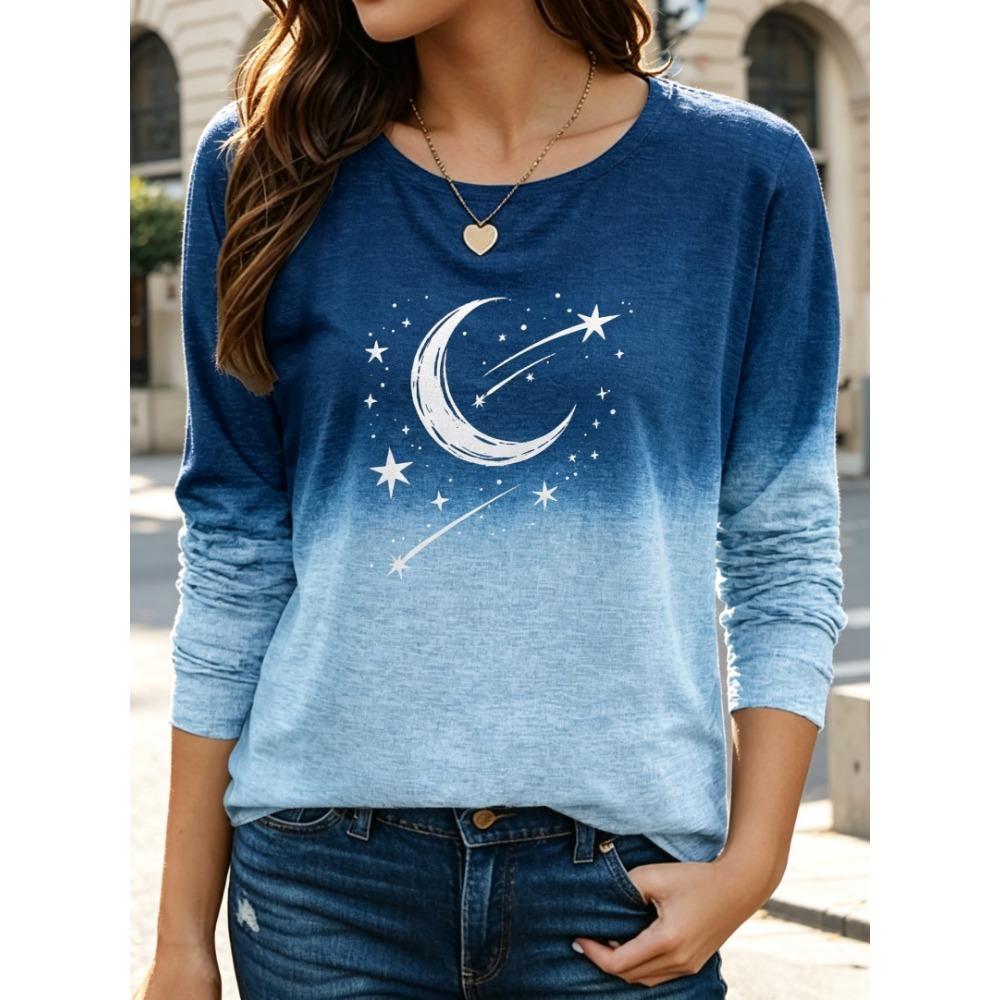 Women's Long Sleeve Crew Neck Gradient Heart & Butterfly Print Casual T-Shirt, Regular Tops for Spring Summer Daily Wear