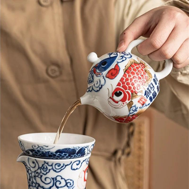 140ml Chinese Handmade Ceramic Teapot Dragon Egg Tea Pot Beauty Tea Infuser Hand-painted Fish Kettle Porcelain Tea Set Teaware