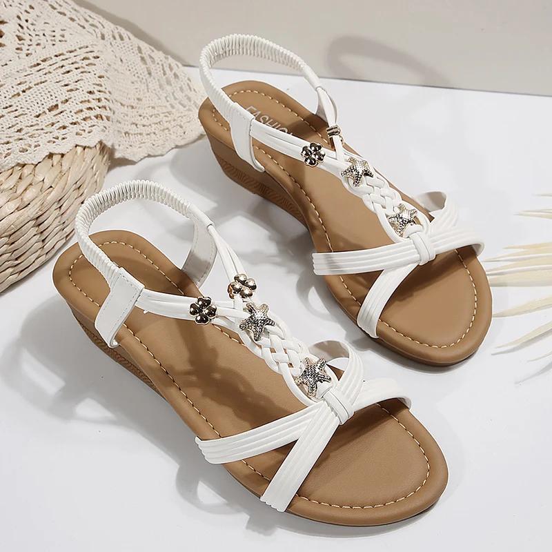 Fashion Summer Woven Wedges Rome Sandals Women 2025 Plus Size 36-42 Elastic Band Sandles Woman Lightweight Slip On Beach Sandalias Mujer