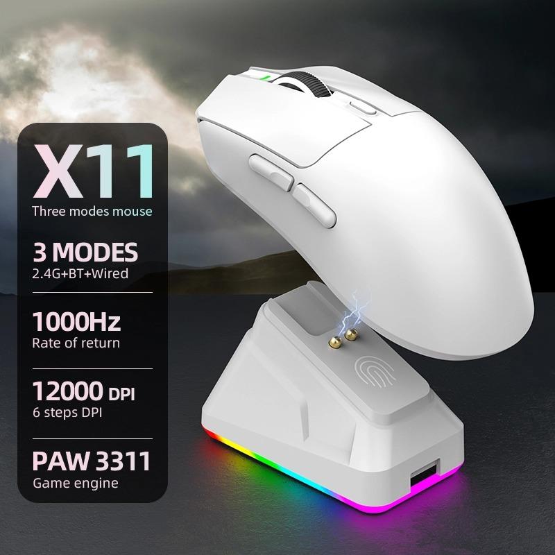 

X11 Легкая игровая мышь RGB - Беспроводная Bluetooth с тремя режимами, сенсор PAW3311, перезаряжаемая белый