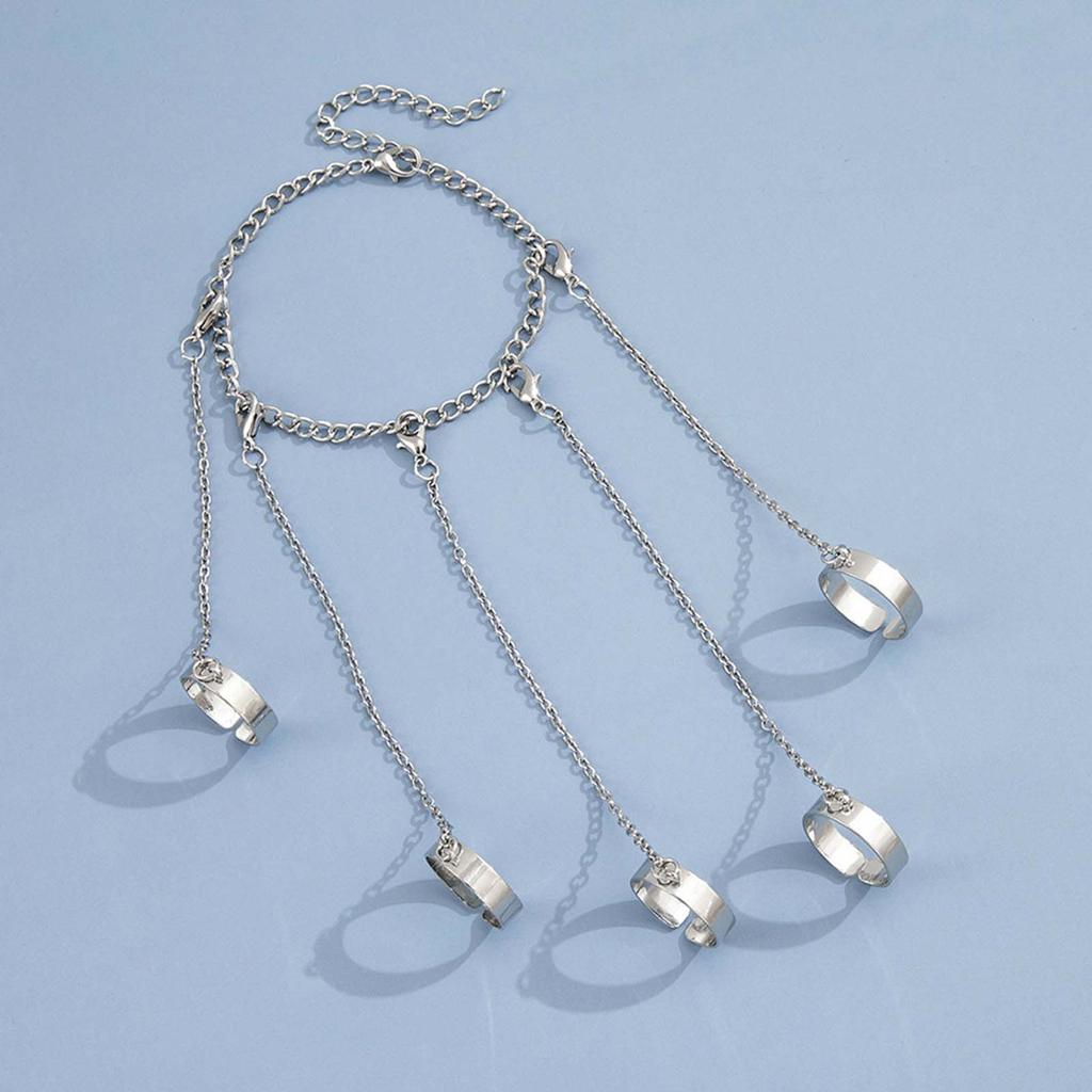 Chain Finger Rings Bracelet Punk Gothic Cool Silver Alloy Stackable Adjustable Chain Combination Rings