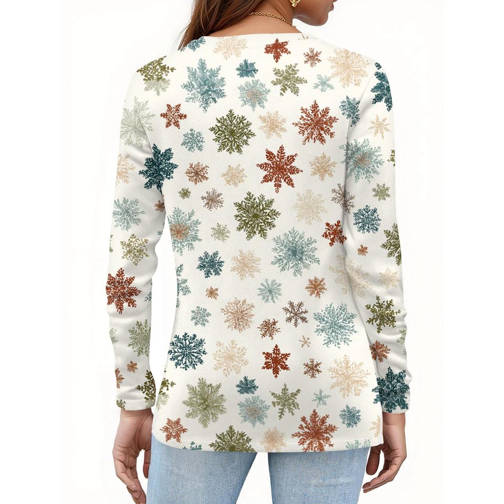 Women's Fashion Casual H Printed V-Neck Long Sleeve Decorative Button T-Shirt Tops