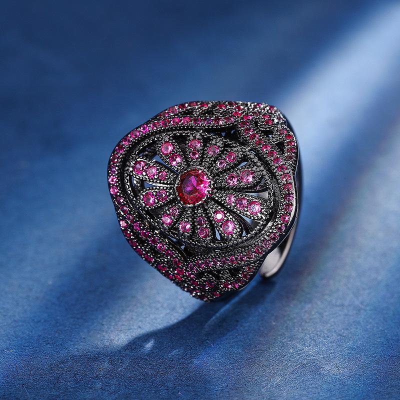 Jewelry Copper Bottom Gold-Plated Simulation Red Corundum Black Gold Personality Temperament Ring Women