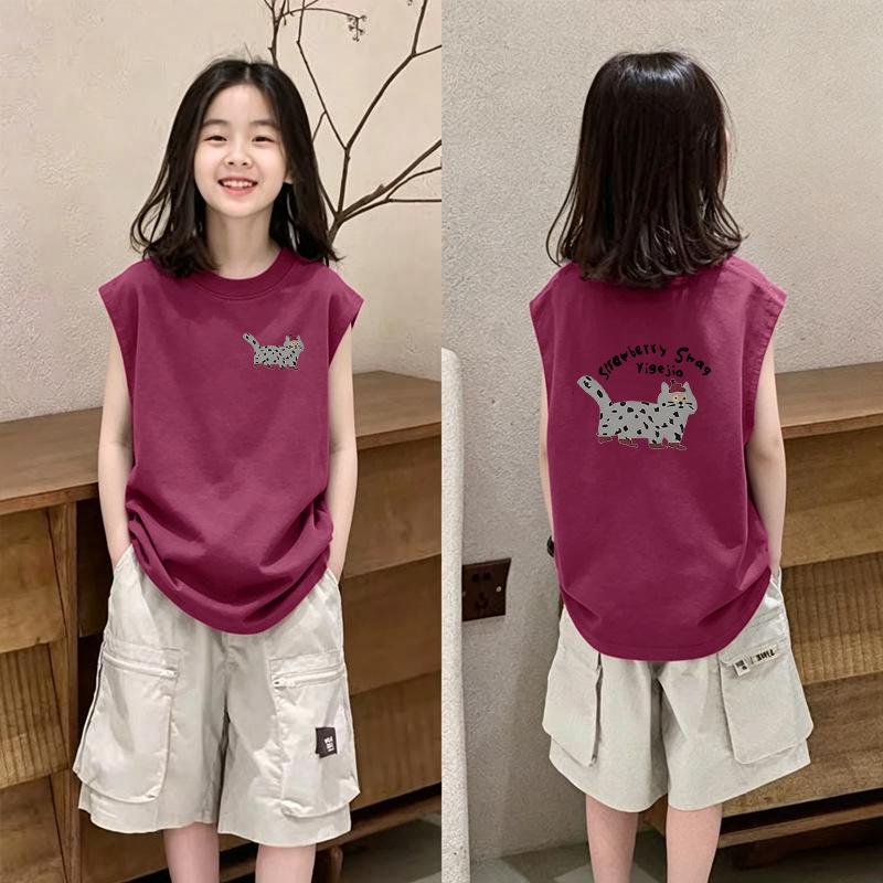 Girls' Trendy Sleeveless Cotton Tee - Round Neck, Summer Style