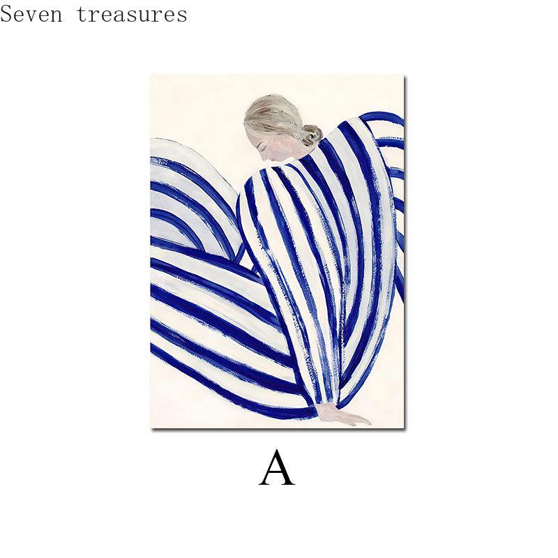 

Abstract Woman Artwork Canvas Print Cool Color Vintage Painting Nordic Poster Line Art Drawing Wall Picture Modern Home Decor 21x30cm No Framed