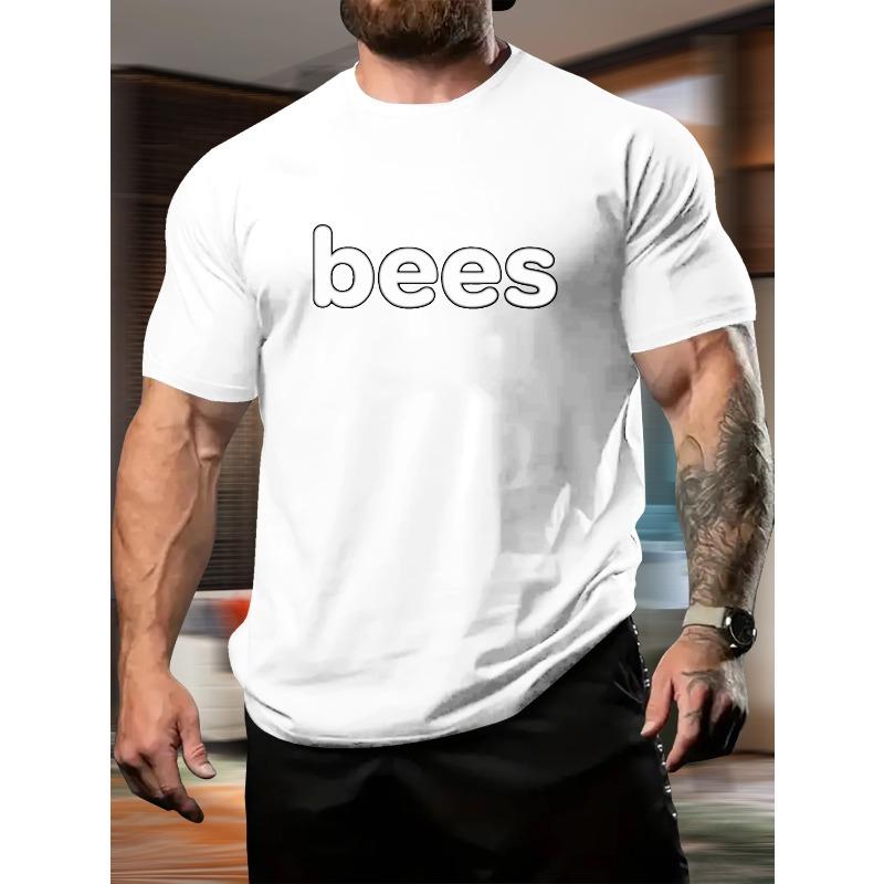 European Size White Short Sleeve T-Shirt for Men, Simple Bee English Print Pattern, Casual Daily Wear and Fitness Outfit