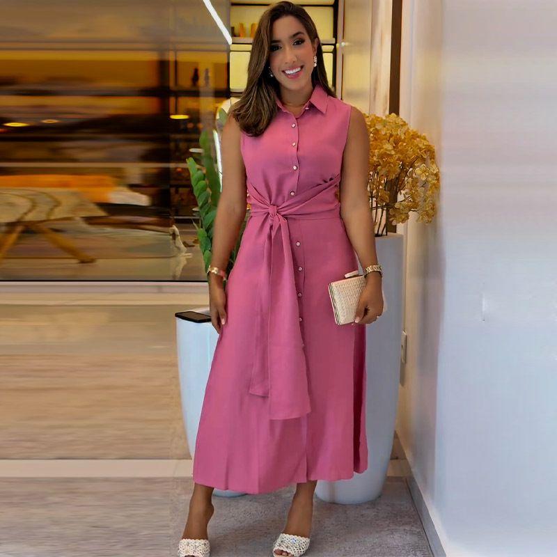 

European and American Summer New Fake Two Pieces White Shirts Long dress V-neck Sleeve Solid Waist Hugging Dress Bright powder XXL