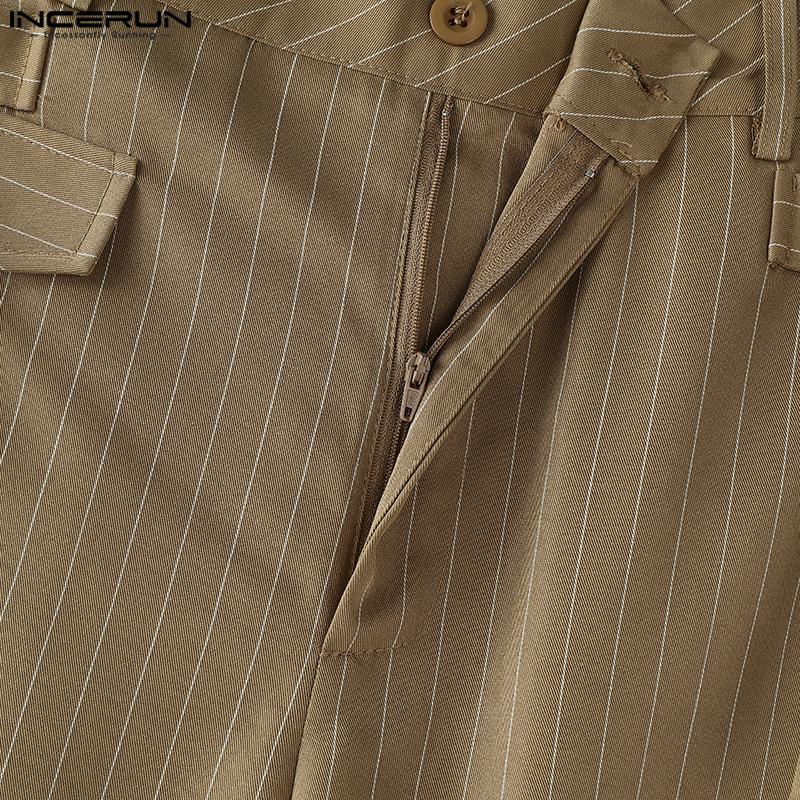 INCERUN Men Casual Zipper Waist Striped Wide Legs Pants Long Trousers
