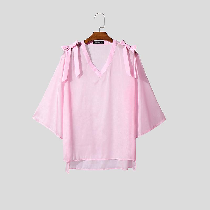 

INCERUN Мужские рубашки с расклешенным рукавом 3/4 из сетчатой ткани, свободные, для вечеринок и клуба, топы розовый