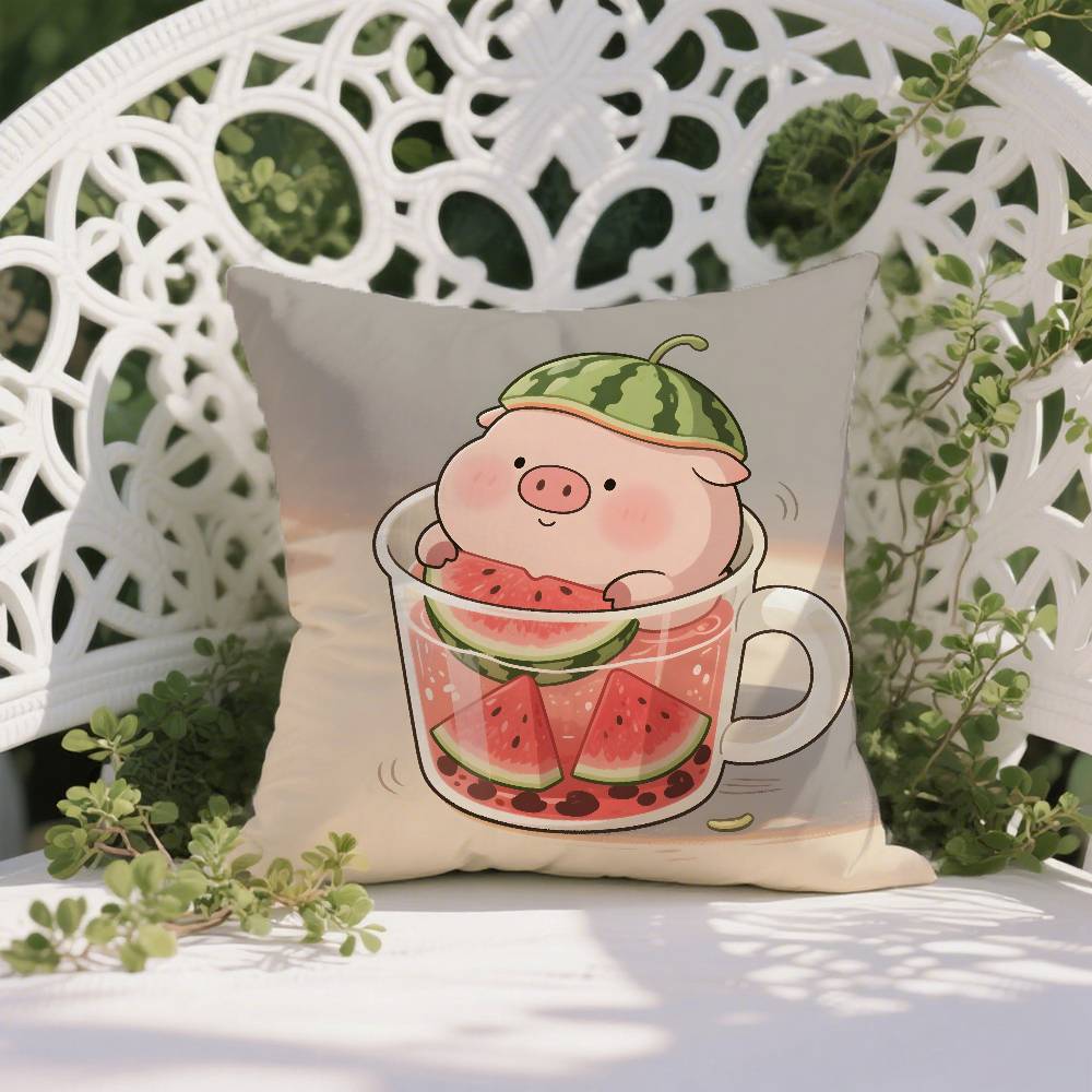 

Cute Pig Summer Surprise Pattern Pillow Case Anti-dustmite Pillowcase Invisible Zipper Silky Short Plush Sofa Cushion Cover 12x12Inch