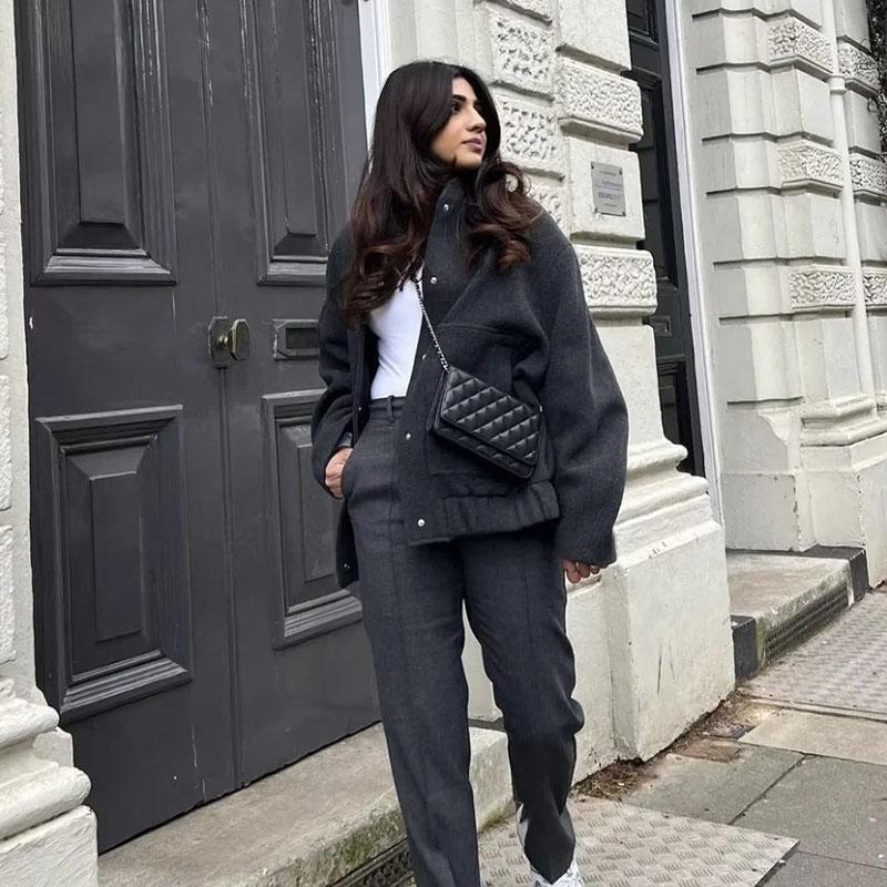 Women Fashion Vintage Pockets Woolen Jacket Autumn Casual Solid Long Sleeve Coat Snap Button Loose Outerwear