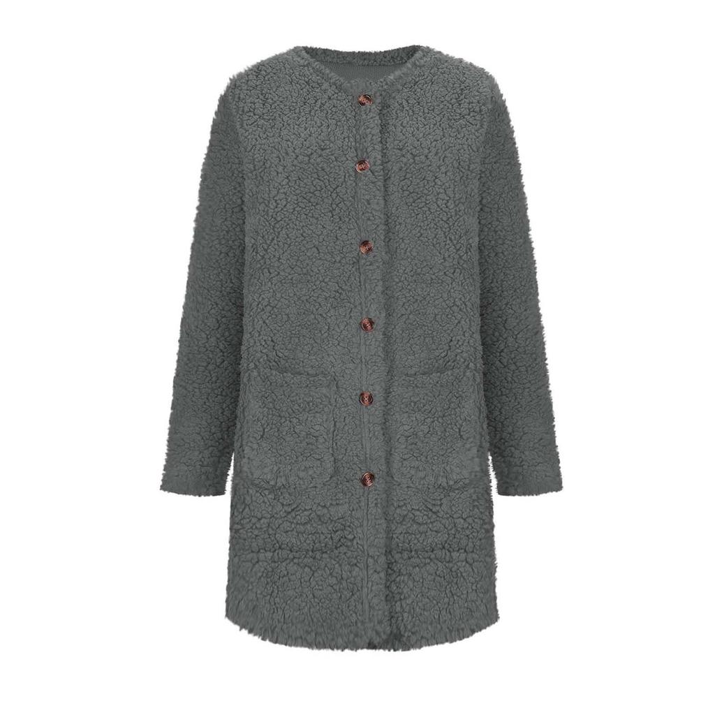 Women's Casual Solid Color Round Neck Long Sleeve Plush Casual  Jacket