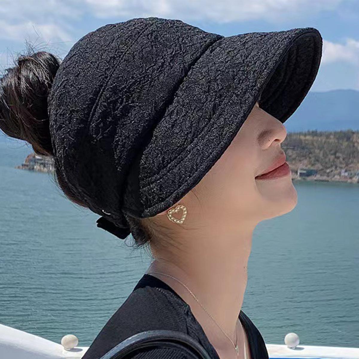 

Women Half Empty Top Sun Hat Summer Soft Foldable Korea Fashion Bucket Hat With Mask Button Wide Brim Anti-Uv Sunshade Beach Cap чорний