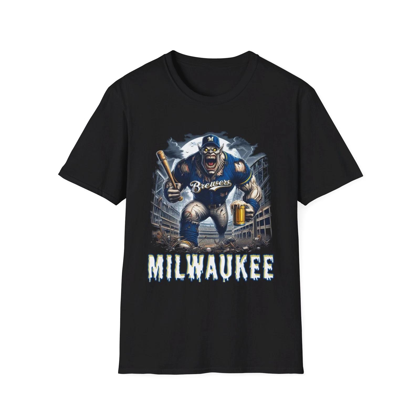 Men s and Women s T-shirts Milwaukee Brewers Horror Mash-Up T-Shirt - Spooky Baseball Fan Gear XXL