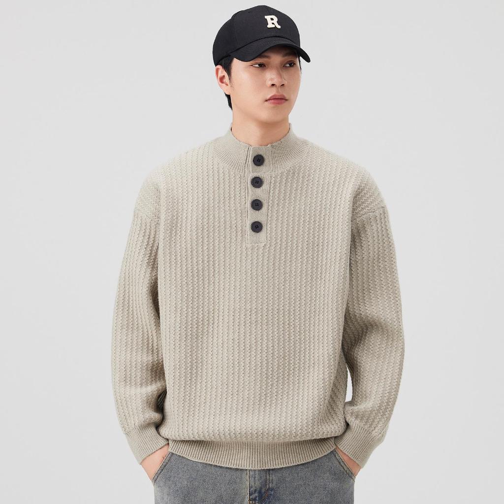 Men's Retro Knit Stand Collar Pullover - New Autumn/Winter Arrival, Versatile, Trendy, Loose Fit Sweater with Buttons