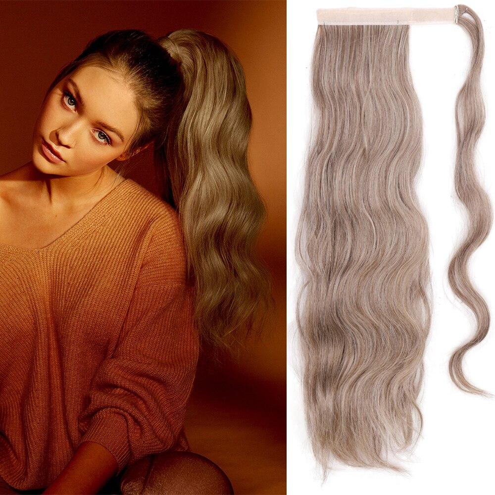 XINRAN Langer, gewellter Pferdeschwanz zum Umwickeln, synthetischer Pferdeschwanz, Clip-in-Haarteil, schwarz-blond, burgunderfarbener Wellen-Pferdeschwanz für Frauen