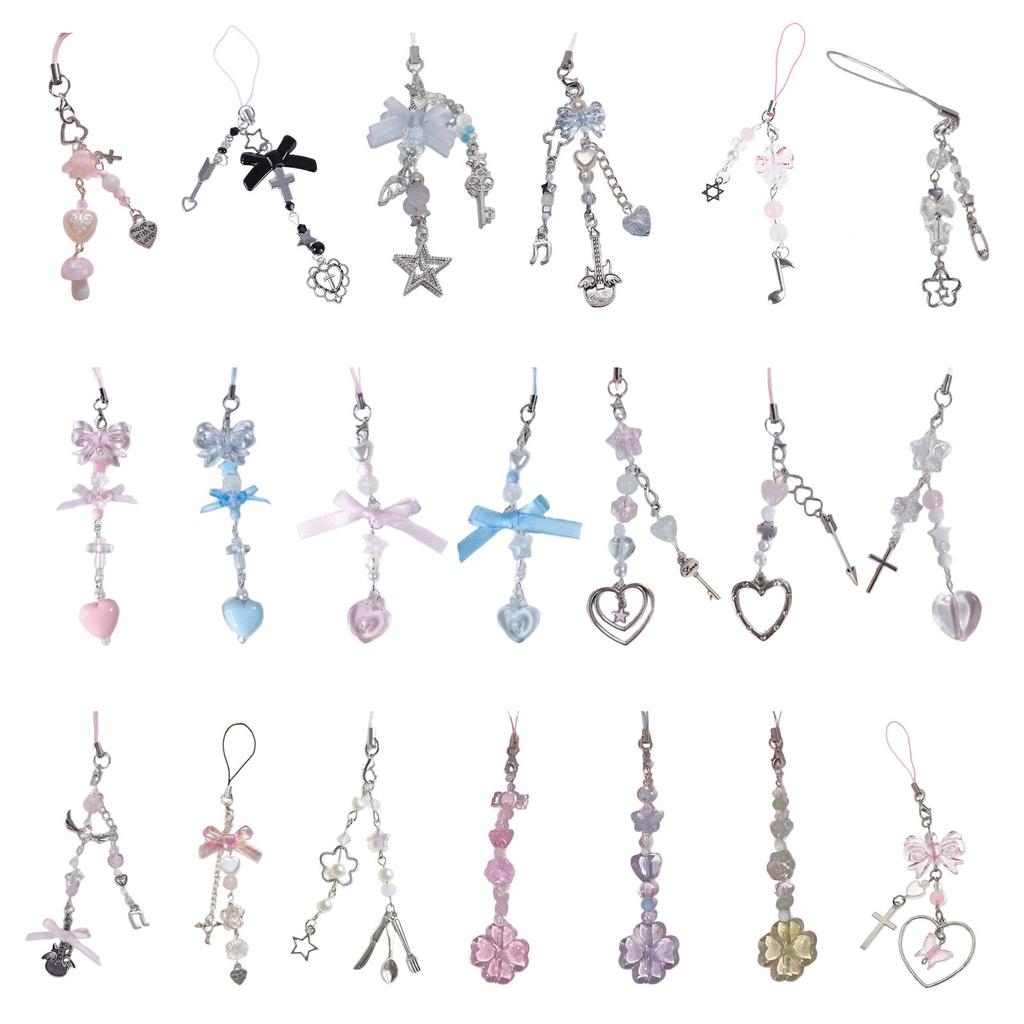 Stylish Bowknot Phone Chain Heart Flower Charm Pendant Keychain Backpack Decoration for Cellphone Key Bag Phone Lanyard