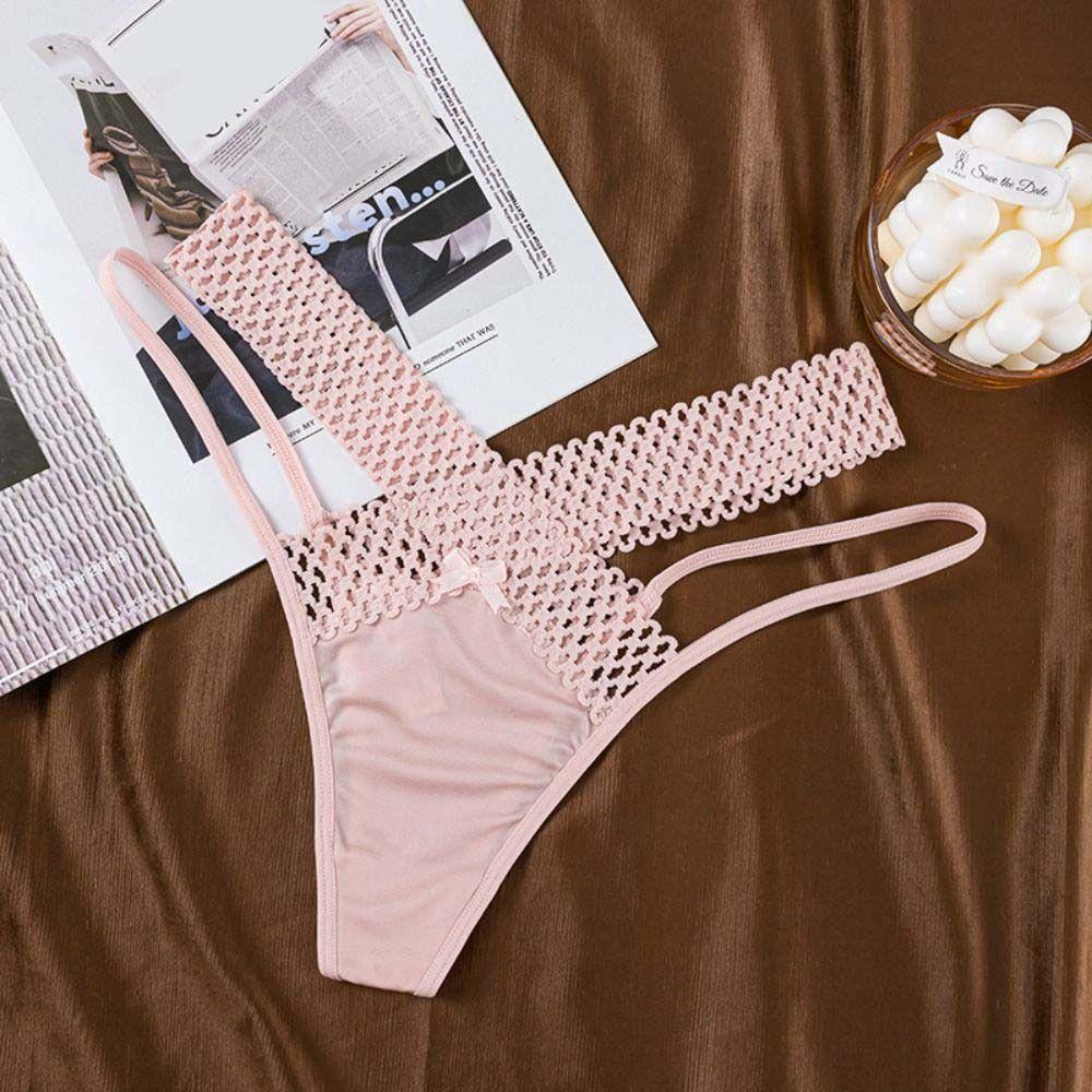 Low Waist Hollow Out Thongs Bowknot Women Mesh Briefs Comfortable Satin Silk Panties  Daily