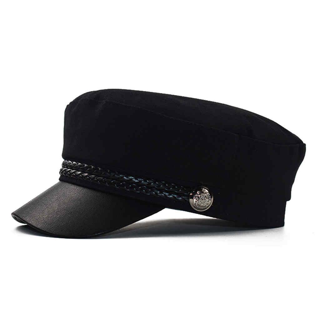 Fashion PU Leather Military Hat Sailor Hats For Women Flat Top Captain Cap Travel Cadet Hat