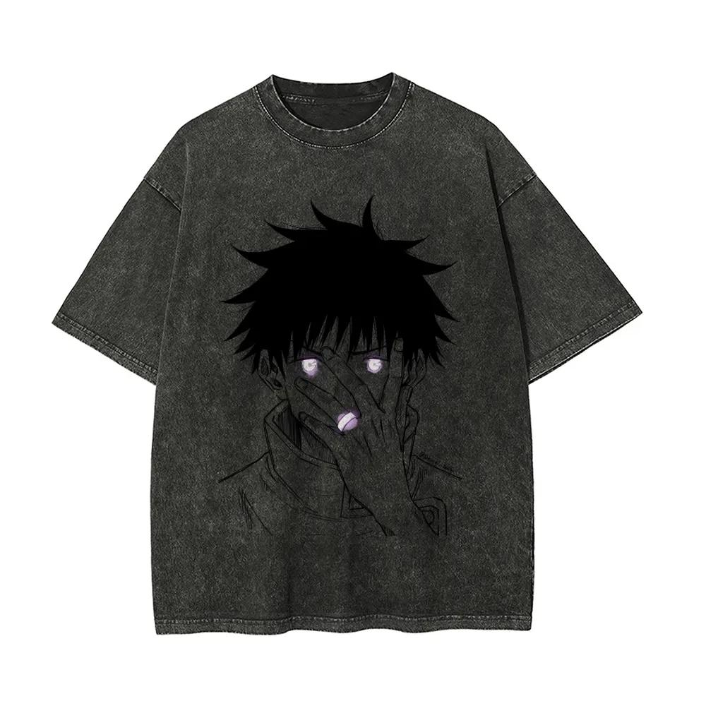 Jujutsu Kaisen Gojo vs Sukuna Maglietta Grafica Battaglia Uomo Lavaggio Acido Oversize Streetwear Anime Retro Cotone Top Tee