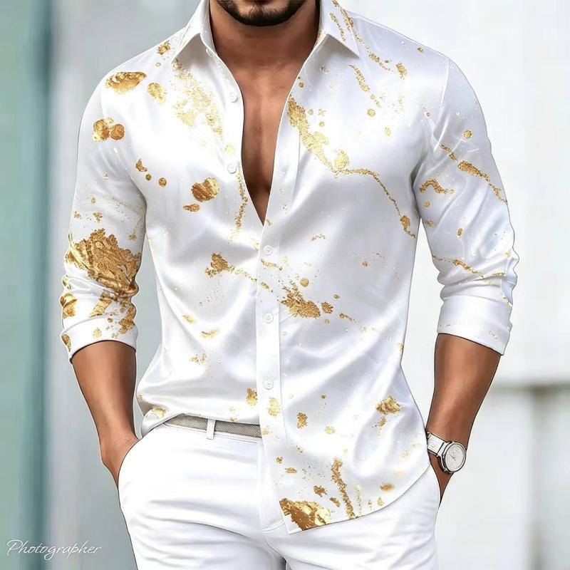 Herren Luxus Satin Langarmhemd mit 3D-bedruckten Seidenknöpfen und glänzender Oberfläche, Nachtclub Party Lässiges Modehemd